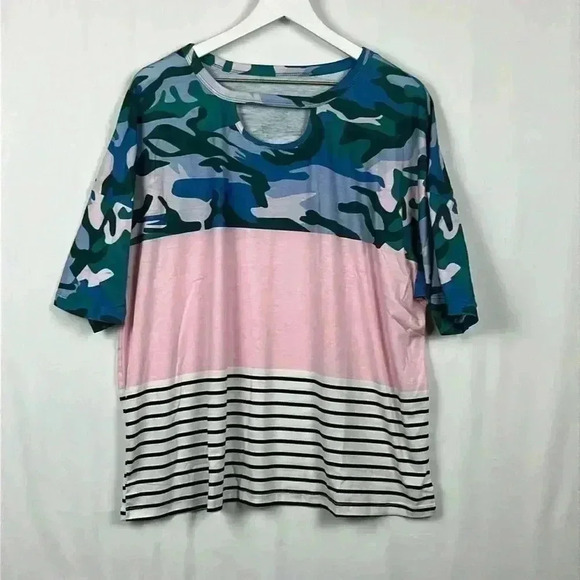 Women’s Color Block Top 2XL Blue Pink Green Scoop Neck Short Sleeves Pullover - Picture 1 of 10